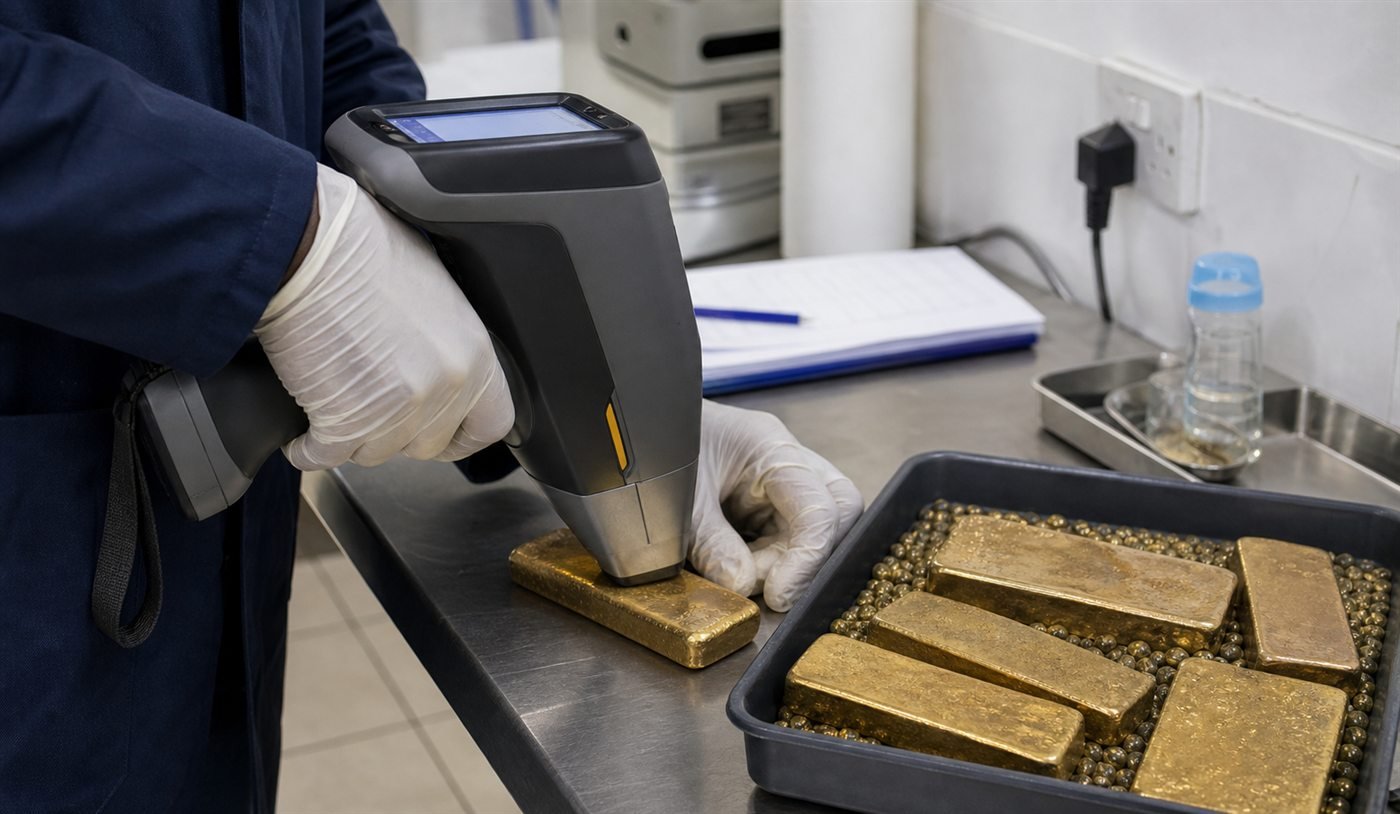 Handheld XRF analyser testing a gold sample