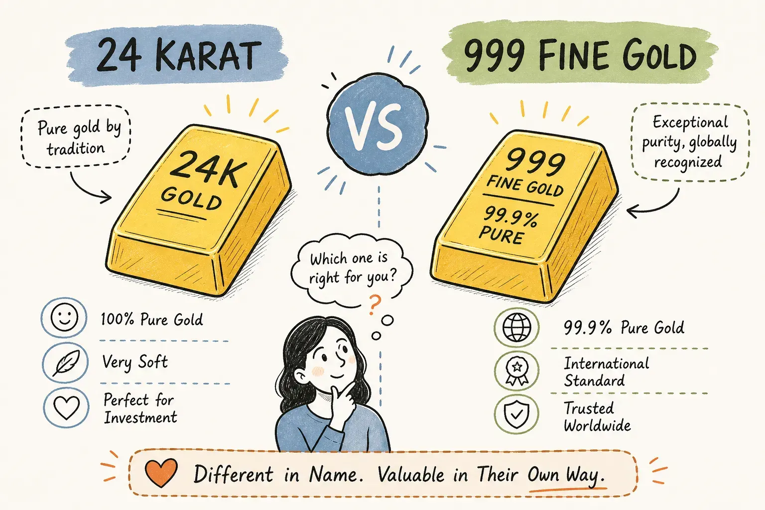 Illustrated comparison of 24 karat and 999 fine gold