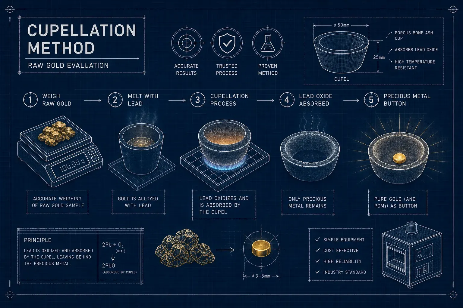 Blueprint illustration of the cupellation method for raw gold evaluation