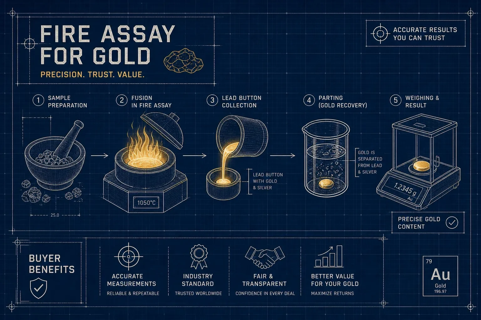 Blueprint illustration of the cupellation method for raw gold evaluation
