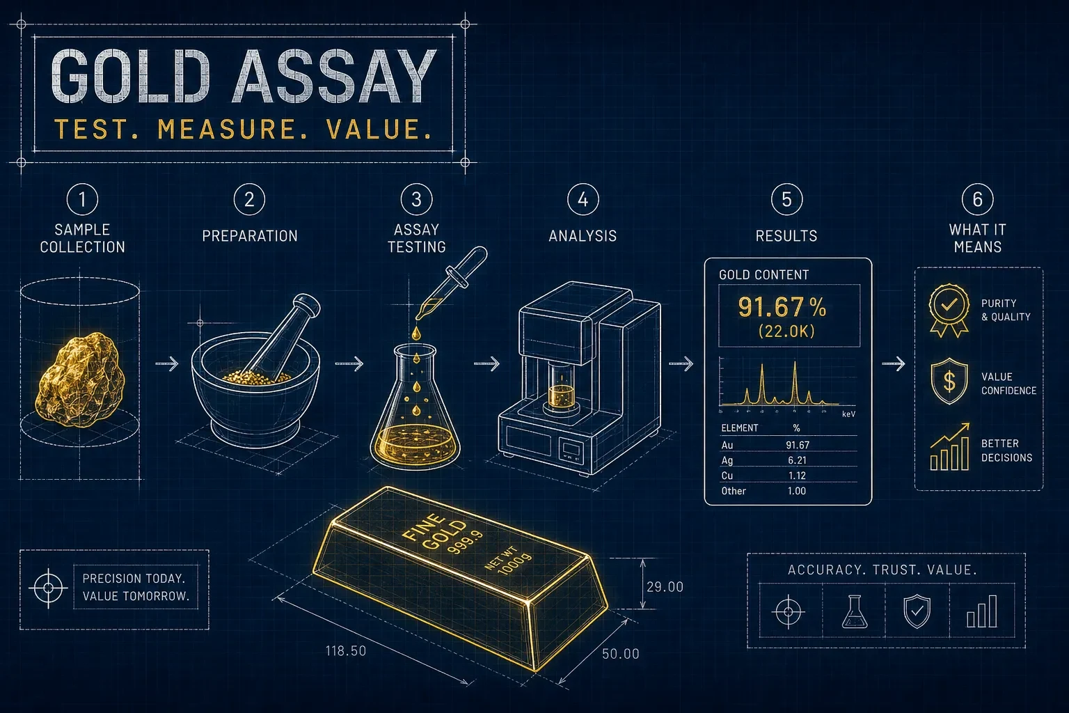 Blueprint illustration of the gold assay process, results, and purity interpretation