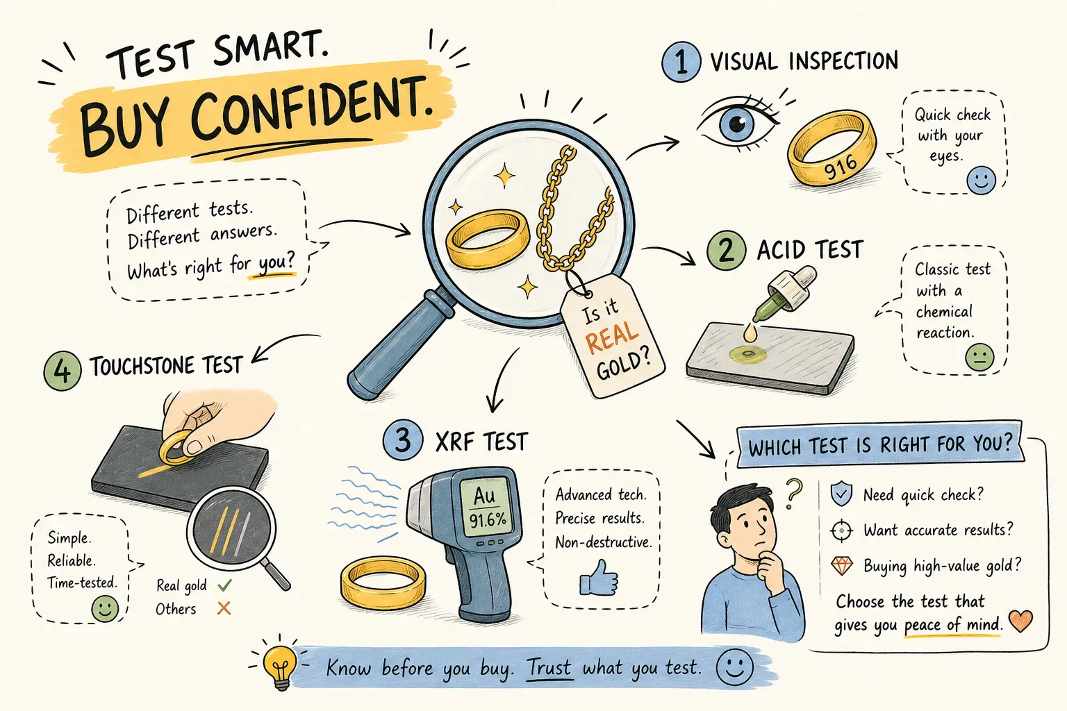Illustrated comparison of visual, acid, touchstone, and XRF gold testing methods