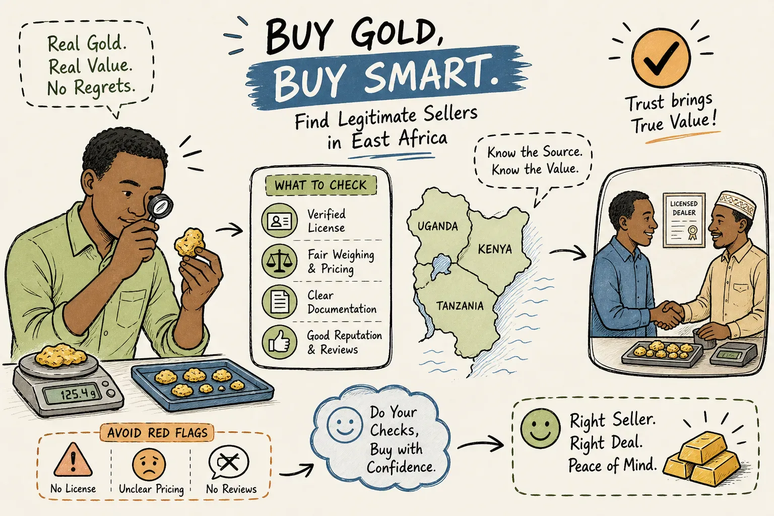 Illustrated buyer guide to finding legitimate gold sellers in East Africa