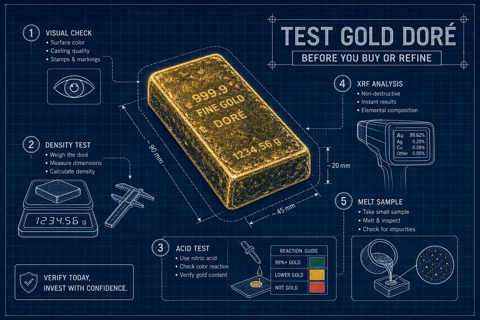 Gold doré testing workflow before purchase or refining
