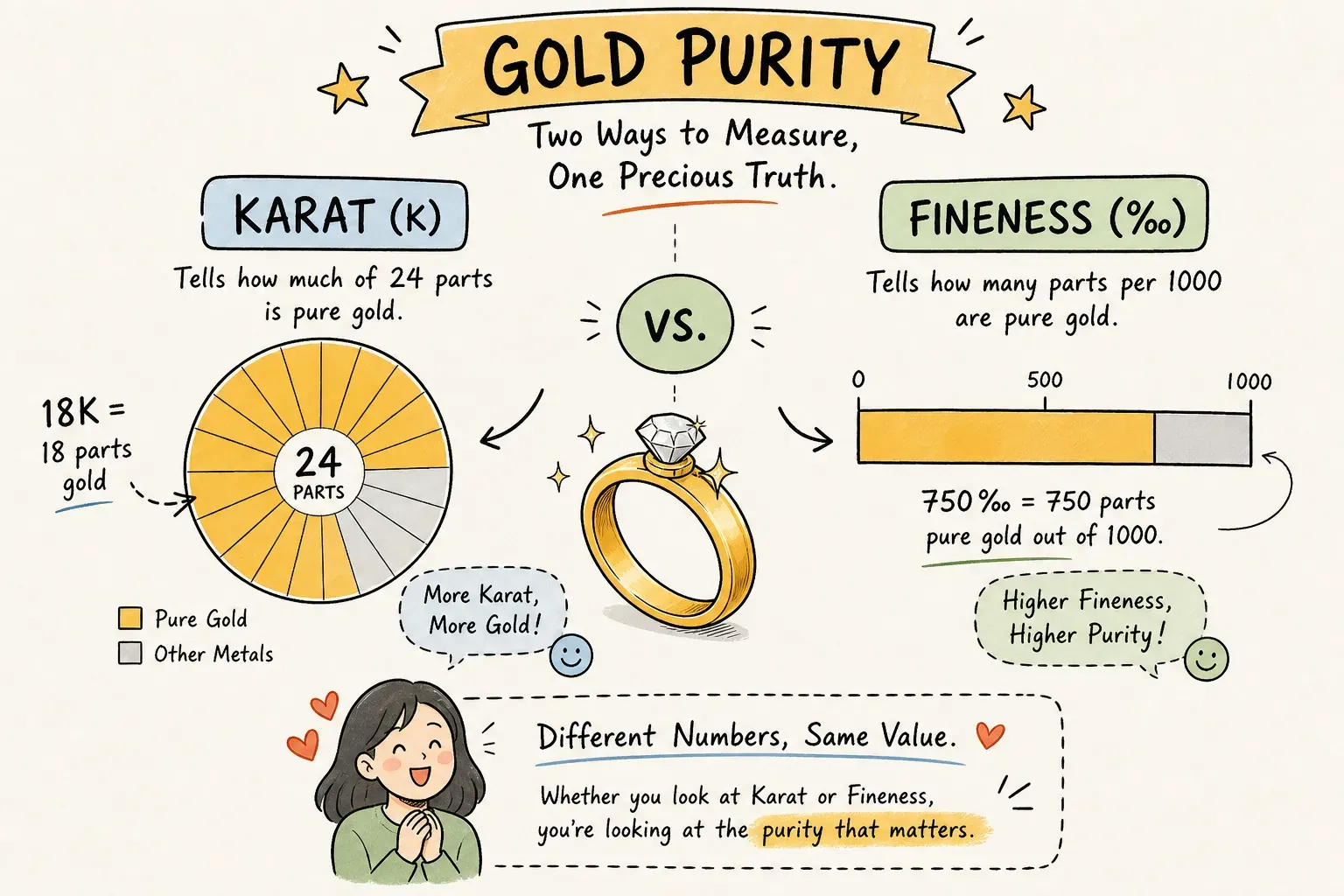 Illustrated comparison of karat and fineness in gold purity