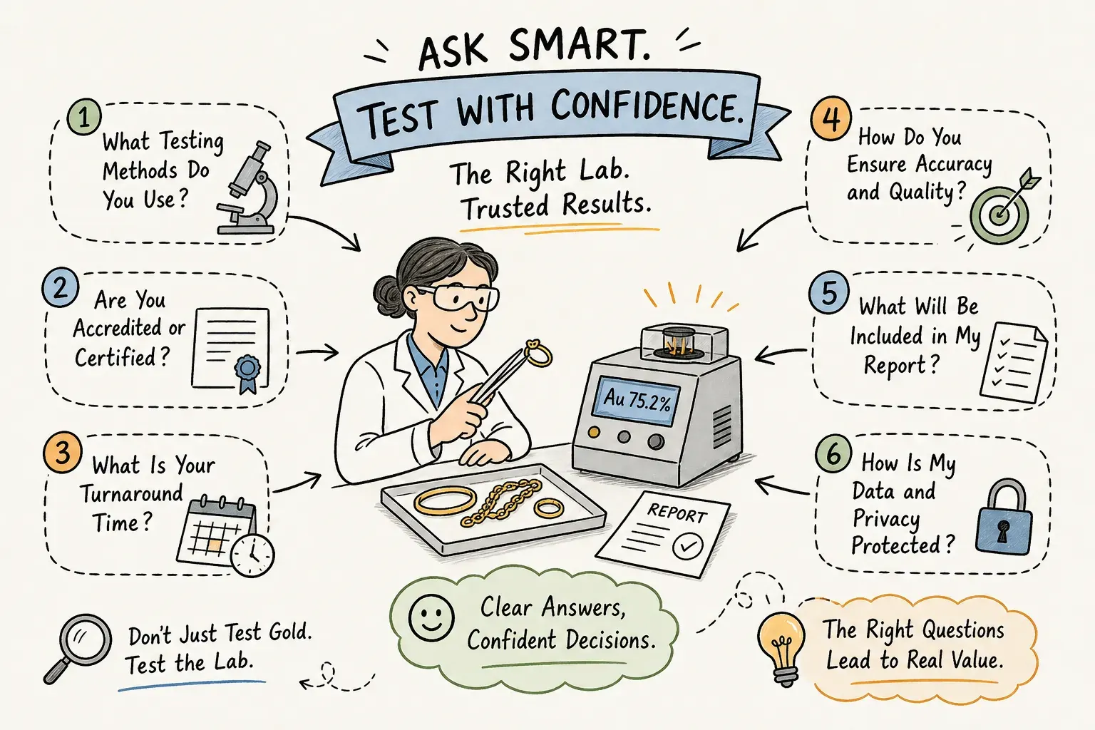 Illustrated checklist of questions to ask a gold testing laboratory
