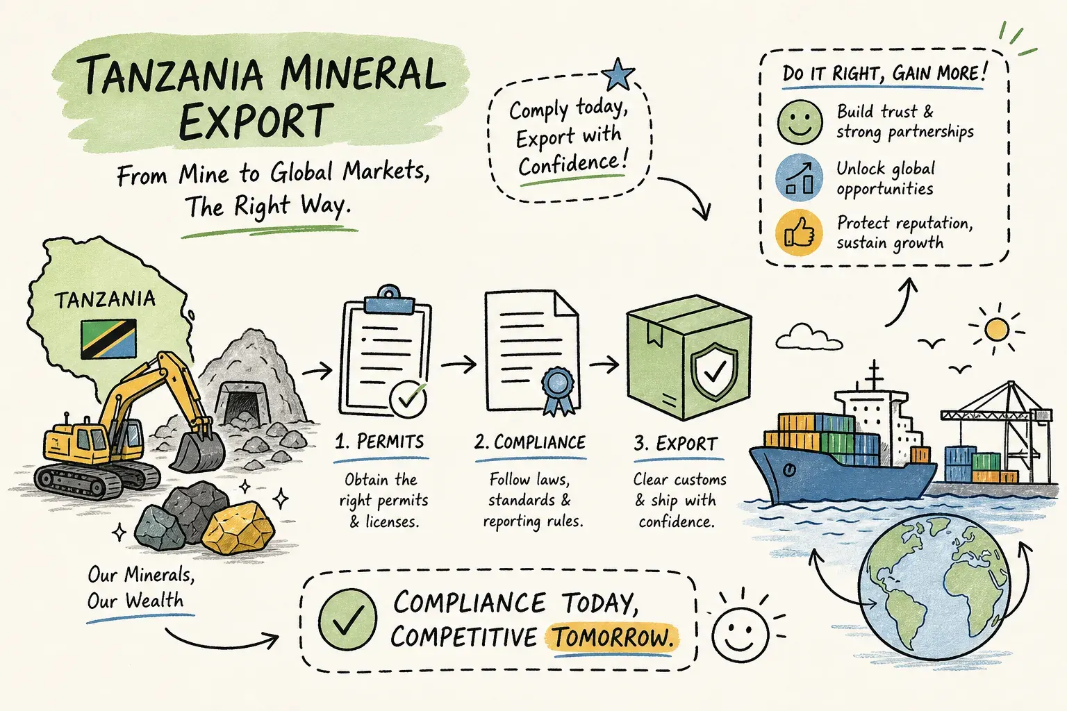 Illustrated Tanzania mineral export process from mine to global market