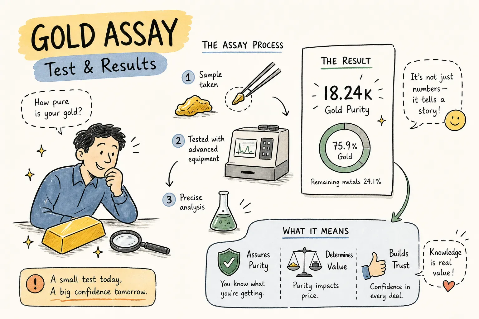 Illustrated explanation of the gold assay process and purity result