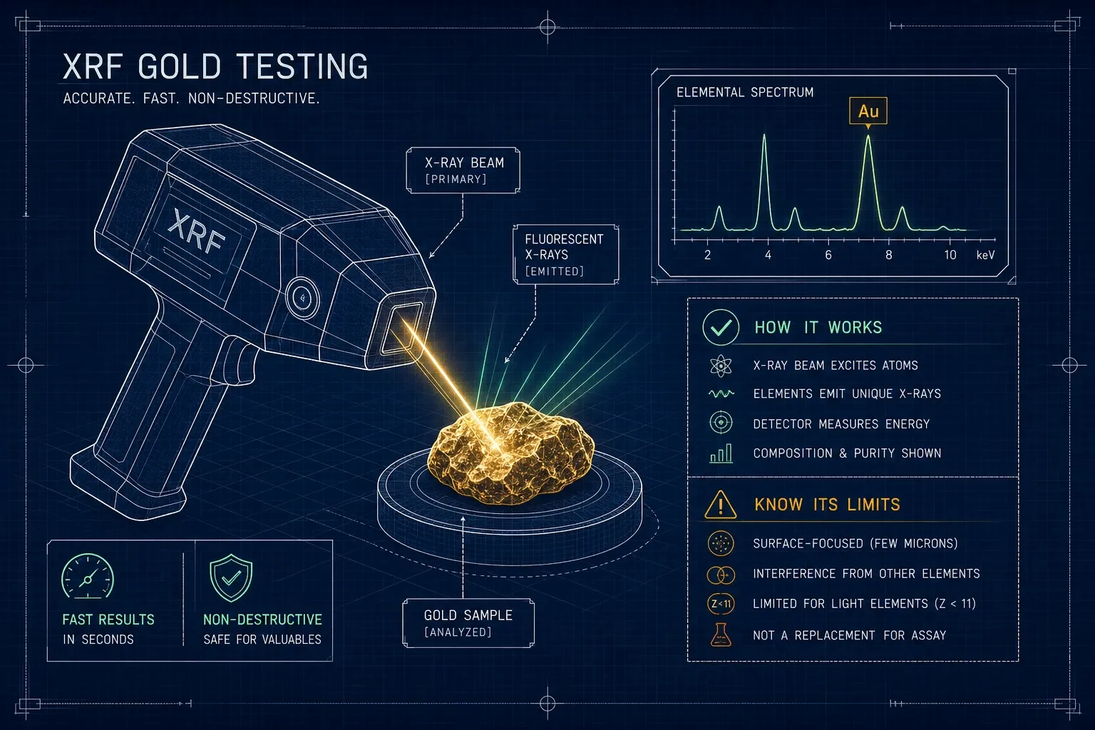 Blueprint illustration explaining how XRF gold testing works and where its limits apply